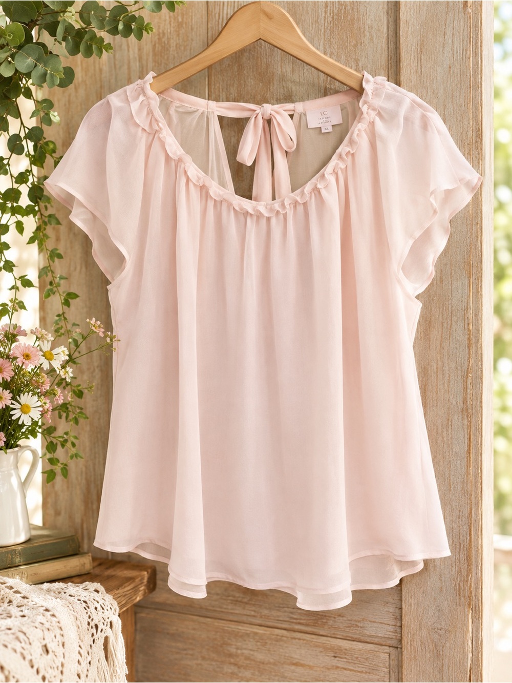 LC Lauren Conrad Blush Tie-Neck Cap Sleeve Blouse XL 🌸